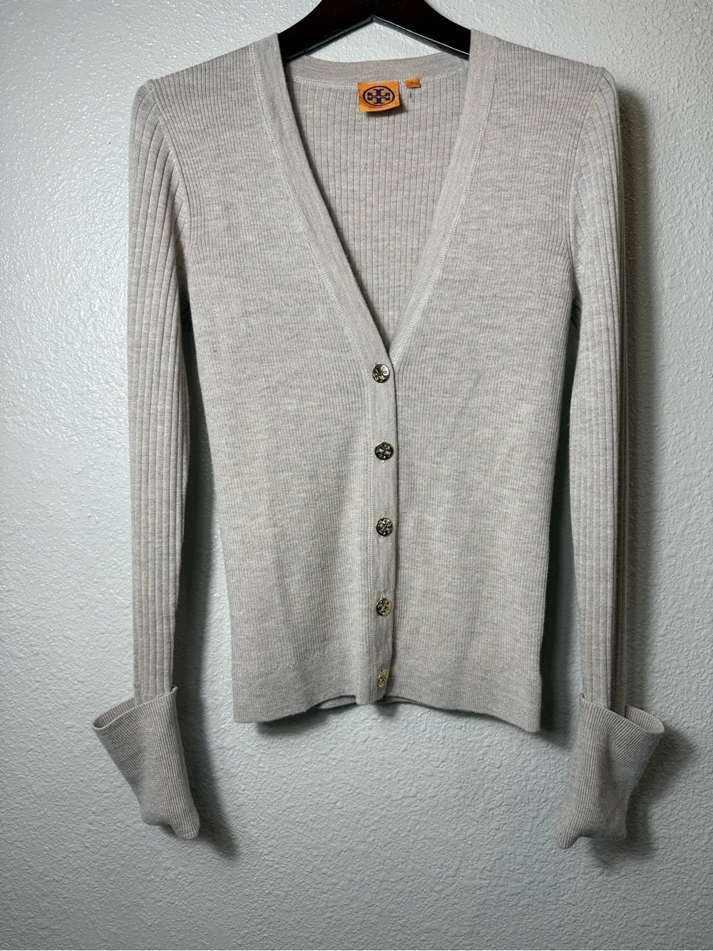 Tory Burch 100% Merino Wool Ribbed V-Neck Logo Button Cardigan Sweater Size M
